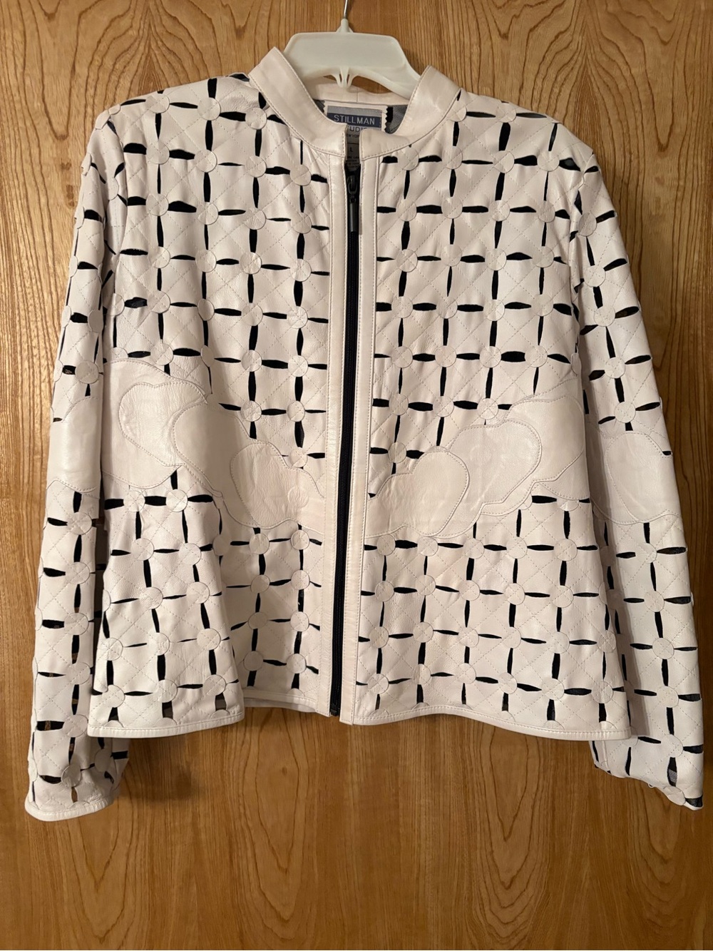 Stillman Studio Cream lamb skin Laser-Cut Bomber Jacket with Black Underlay